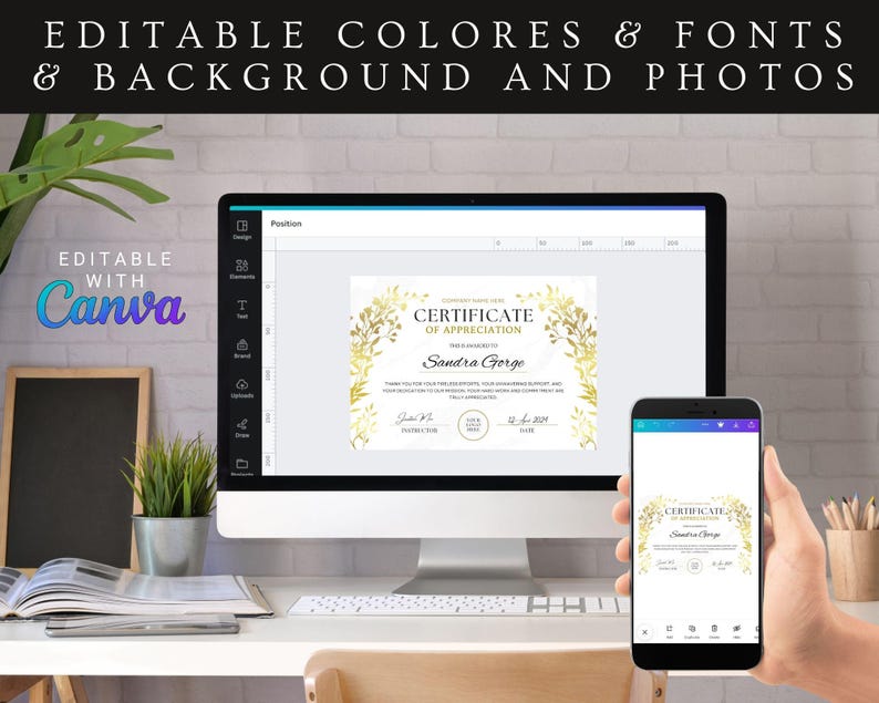 May include: A computer screen and a mobile phone display a certificate of appreciation template with gold accents and floral designs. The text on the certificate reads "Certificate of Appreciation" and "Sandra Gorge". The template is editable with Canva.