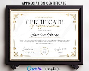 Appreciation Award, Certificate Of Appreciation Template, Canva Template, Printable Template, Instant Digital Download.