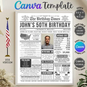 Editable 50th Birthday Newspaper Sign, Canva Template, Simple 1975 Birthday Gift for Men or Women, back in 1975 Newspaper Fun Facts, USA.