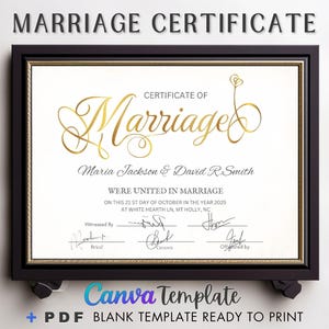 Printable Certificate of Marriage Keepsake, Editable Modern Marriage, Wedding Gift for Couples Download, Certificate Editable Canva Template