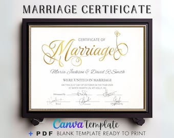 Printable Certificate of Marriage Keepsake, Editable Modern Marriage, Wedding Gift for Couples Download, Certificate Editable Canva Template