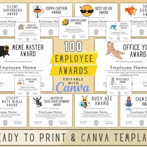100 certificats de récompenses d’employés modifiables drôles, appréciation des employés, modèle Canva, cadeau de bureau, cadeau drôle pour collègue.