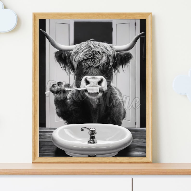 Funny Highland Cow Wall Art, 12 Funny Bathroom Wall Decor, Cow on Toilet, Printable Ai Art, Funny Animal Canvas Print, Cow Taking a Bath. image 6