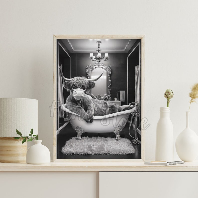 Funny Highland Cow Wall Art, 12 Funny Bathroom Wall Decor, Cow on Toilet, Printable Ai Art, Funny Animal Canvas Print, Cow Taking a Bath. image 3