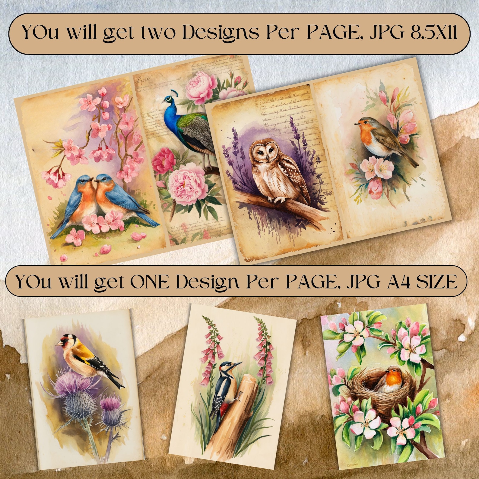 Watercolor Birds Junk Journal, Vintage Birds Junk Journal Kit, Floral ...