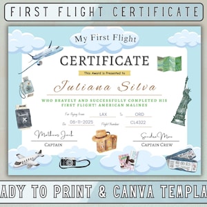Certificado de primer vuelo de Canva para niños, premio para niños pequeños, plantilla de Canva, primer regalo de vacaciones, hito imprimible, niñas y niños.