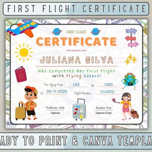 Canva-Erstflugzertifikat für Kinder, Auszeichnung für Kleinkinder, Canva-Vorlage, Geschenk für den ersten Urlaub, Meilenstein zum Ausdrucken, Mädchen und Jungen.