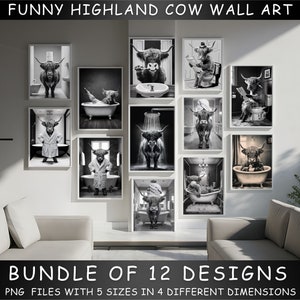 Funny Highland Cow Wall Art, 12 Funny Bathroom Wall Decor, Cow on Toilet, Printable Ai Art, Funny Animal Canvas Print, Cow Taking a Bath. image 1