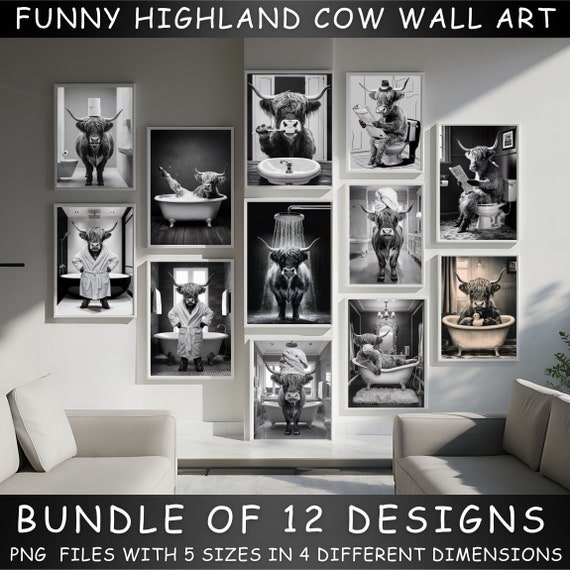 Funny Highland Cow Wall Art, 12 Funny Bathroom Wall Decor, Cow on Toilet, Printable Ai Art, Funny Animal Canvas Print, Cow Taking a Bath.