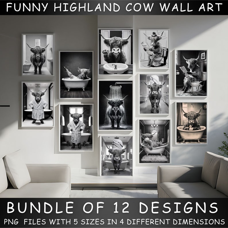 Funny Highland Cow Wall Art, 12 Funny Bathroom Wall Decor, Cow on Toilet, Printable Ai Art, Funny Animal Canvas Print, Cow Taking a Bath. image 1