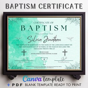 Bautismo de niño/niña, regalo de bautismo, certificado de bautismo editable, plantilla de Canva, certificado de iglesia, recuerdo de bautizo de Canva.