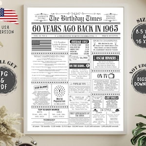 Datos divertidos del periódico de 1965, letrero de periódico de 60 cumpleaños, regalo de cumpleaños del año 1965 para hombres o mujeres, decoraciones de cumpleaños, EE. UU.