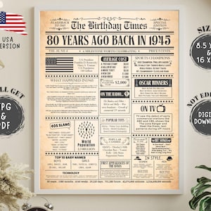 Letrero de periódico para cumpleaños número 80, regalo de cumpleaños para hombres o mujeres en 1945, datos curiosos del periódico de 1945, decoraciones de cumpleaños, EE. UU.