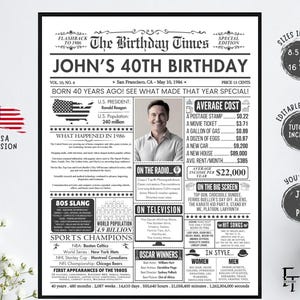 Letrero de periódico editable para cumpleaños número 40, plantilla Canva, regalo de cumpleaños simple de 1986 para hombres o mujeres, datos curiosos del periódico de 1986, EE. UU.