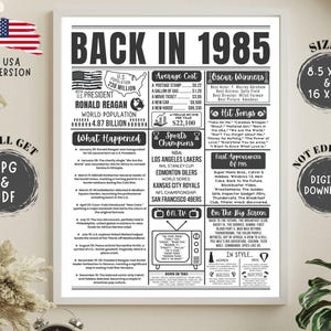 Póster de vuelta en 1985, decoraciones de cumpleaños, letrero de periódico de cumpleaños número 40, regalo de cumpleaños de 1985 para hombres o mujeres, datos curiosos del periódico de 1985, EE. UU.