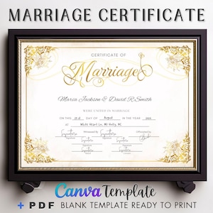 Certificado de matrimonio moderno editable, certificado de recuerdo de matrimonio imprimible, regalo de boda para parejas, descarga instantánea, certificado editable Canva.