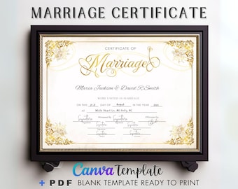 Editable Modern Marriage, Printable Certificate of Marriage Keepsake, Wedding Gift for Couples Instant Download, Certificate Editable Canva.