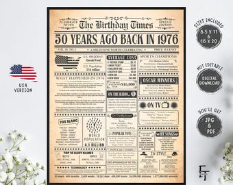 50th Birthday Vintage Newspaper Poster 1976, Back in 1976 Printable, Antique Birthday Gift for Men Women, USA Edition