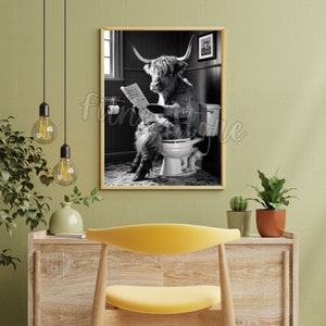 Funny Highland Cow Wall Art, 12 Funny Bathroom Wall Decor, Cow on Toilet, Printable Ai Art, Funny Animal Canvas Print, Cow Taking a Bath. image 5