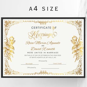 May include: A gold-trimmed white certificate with ornate floral designs. The text reads "Certificate of Marriage" with the names "Rosa Maria Aguado" and "David R. Smith" and the date "October 21, 2025".