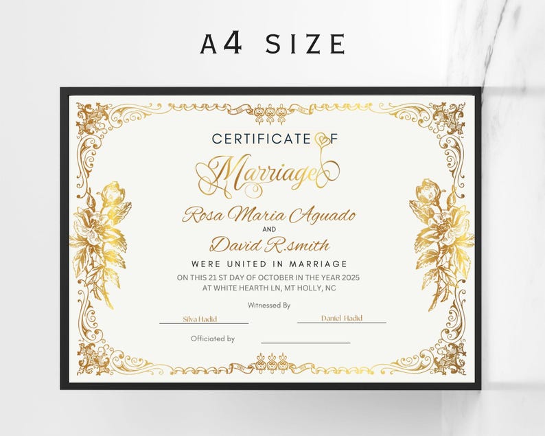 May include: A gold-trimmed white certificate with ornate floral designs. The text reads "Certificate of Marriage" with the names "Rosa Maria Aguado" and "David R. Smith" and the date "October 21, 2025".