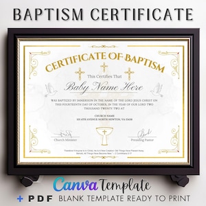 Certificado de bautismo editable, plantilla de Canva, certificado de iglesia, bautismo de niño/niña, regalo de bautismo, recuerdo de bautizo de Canva.