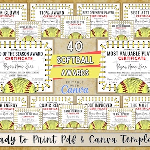 Puede incluir: 40 Certificados de premio de softbol editables en formato de plantilla digital. Los certificados presentan un gráfico de béisbol y un borde cosido. El texto en los certificados incluye "Softball Team", "End of the Season Award", "Most Valuable Player", "High Energy", "Comic Relief", "Rookie of the Year", "Game Changer", "Most Improved", "Team Spirit", "The Most Hits", "Team Clown", "110% Award", "Best Offensive Player", "Golden Glove", "Ace of the Diamond", y "Best Attitude".