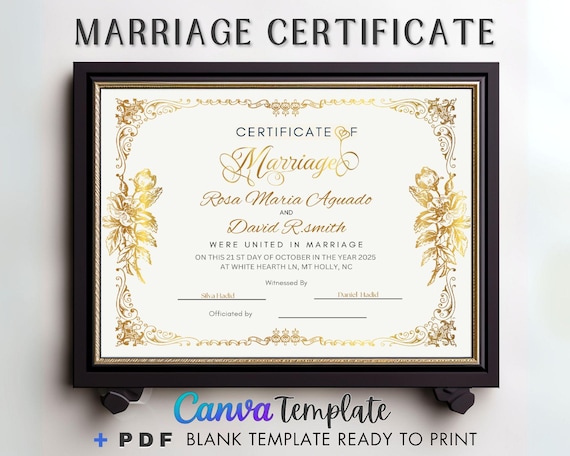 Wedding Gift for Couples Instant Download, Printable Certificate of Marriage Keepsake, Editable Modern Marriage, Certificate Editable Canva.