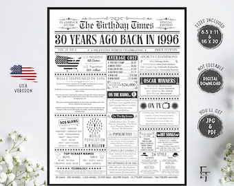 Datos curiosos del periódico de 1996, cartel del periódico del 30.° cumpleaños, regalo de cumpleaños del año 1996 para hombres o mujeres, decoraciones de cumpleaños, EE. UU.