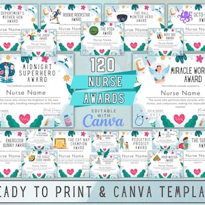 May include: A collection of 120 nurse awards templates, editable with Canva. Each certificate features a unique design and title, such as "Midnight Superhero Award" and "Miracle Worker Award". The certificates are ready to print.