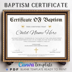 Bautismo de niño/niña, regalo de bautismo, certificado de bautismo editable, plantilla de Canva, certificado de iglesia, recuerdo de bautizo de Canva.