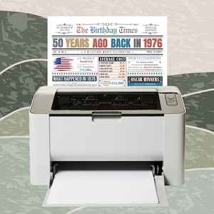 Puede incluir: Una impresora l&aacute;ser blanca con una bandeja de salida de papel, imprimiendo un documento titulado "The Birthday Times" que celebra "50 Years Ago Back in 1976". El documento incluye informaci&oacute;n sobre el presidente de EE. UU., la poblaci&oacute;n y los costos promedio.
