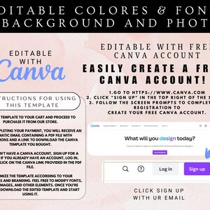 May include: A pink and green graphic with instructions on how to use a Canva template. The graphic includes the text "Editable with Canva" and "Easily Create a Free Canva Account!" along with instructions on how to sign up for a free Canva account.