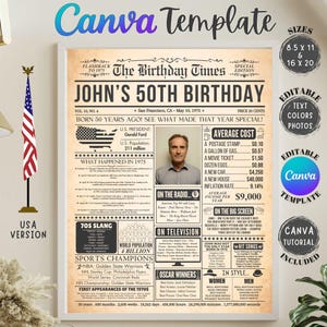 Editable 50th Birthday Newspaper Sign, Canva Template, Vintage 1975 Birthday Gift for Men or Women, back in 1975 Newspaper Fun Facts, USA.
