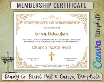 Puede incluir: Una plantilla de certificado de membresía blanca con bordes y texto decorativos dorados. El certificado incluye el texto "Certificate of Membership", un espacio para un nombre y una cruz dorada. La parte inferior del certificado dice "Ready to Print Pdf & Canva Template".