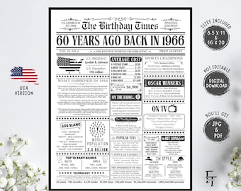 Póster de periódico para el 60.º cumpleaños de 1966, imprimible, regalo de cumpleaños vintage para hombres y mujeres, edición estadounidense.