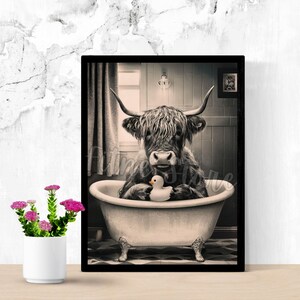 Funny Highland Cow Wall Art, 12 Funny Bathroom Wall Decor, Cow on Toilet, Printable Ai Art, Funny Animal Canvas Print, Cow Taking a Bath. image 4