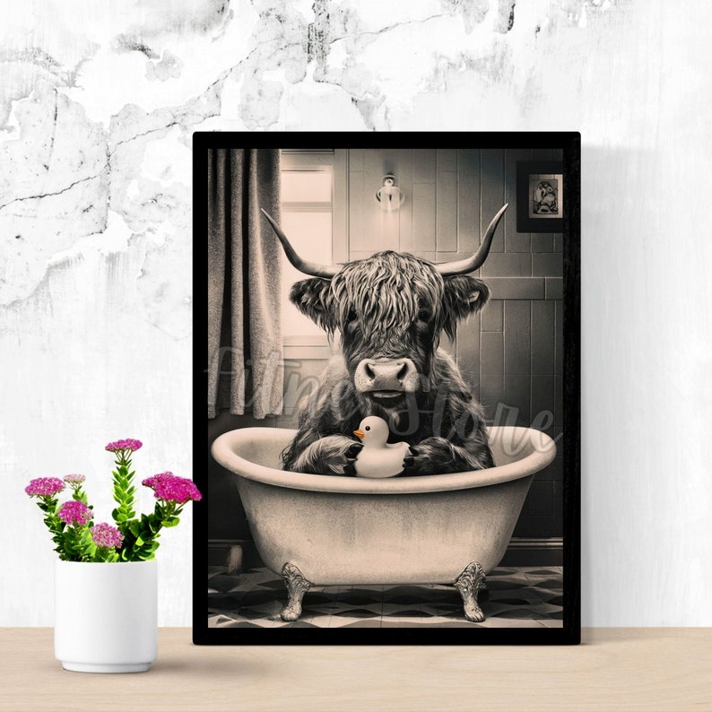 Funny Highland Cow Wall Art, 12 Funny Bathroom Wall Decor, Cow on Toilet, Printable Ai Art, Funny Animal Canvas Print, Cow Taking a Bath. image 4