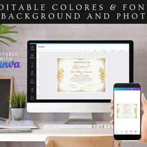 May include: A computer screen displaying a gold and white certificate of marriage template with the text "Certificate of Marriage" and "Here United in Marriage". The template is editable with Canva. A mobile phone screen shows a smaller version of the template.