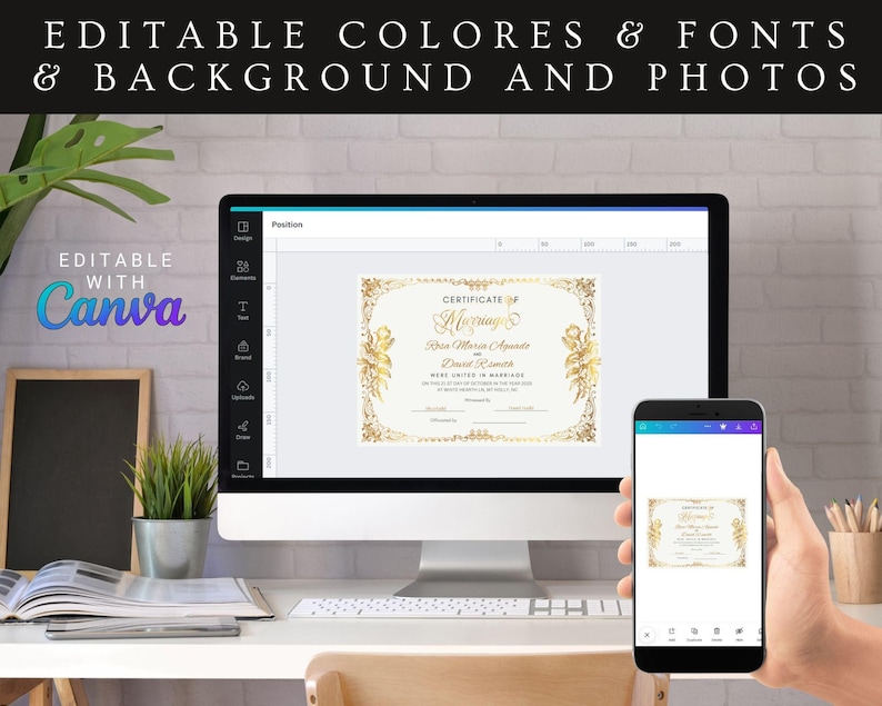 May include: A computer screen displaying a gold and white certificate of marriage template with the text "Certificate of Marriage" and "Here United in Marriage". The template is editable with Canva. A mobile phone screen shows a smaller version of the template.