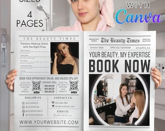 Editable Canva Business Newspaper Template, Beauty Salon Newspaper, Photoshoot Newspaper, New Business Announcement, Book soon.