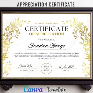 May include: A gold and white certificate of appreciation with a floral design. The certificate is for Sandra Gorge and states "Thank you for your tireless efforts, your unwavering support, and your dedication to our mission. Your hard work and commitment are truly appreciated."
