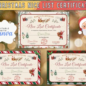 Certificado editable de lista agradable de Navidad, plantilla de Canva, regalo navideño, correo navideño imprimible del Polo Norte, regalo de Navidad.