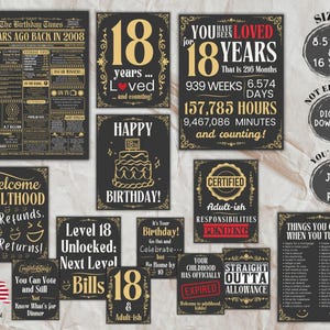2008 Birthday Printable Bundle, Black Gold 18th Birthday Posters, Back in 2008 Newspaper Signs, Milestone Decor, Digital Download