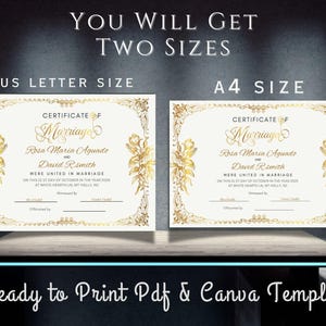 May include: Printable wedding certificate template in US Letter and A4 sizes. The certificate features a gold ornate border with floral designs and the text "Certificate of Marriage".