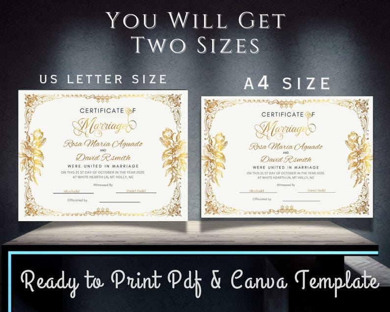 May include: Printable wedding certificate template in US Letter and A4 sizes. The certificate features a gold ornate border with floral designs and the text "Certificate of Marriage".