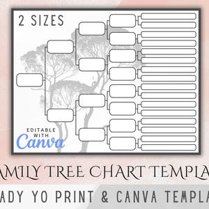 Peut inclure: Un modèle de tableau généalogique imprimable avec une silhouette d'arbre en arrière-plan. Le modèle est modifiable avec Canva et comprend le texte "2 SIZES" et "EDITABLE WITH Canva".