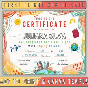 Erstflugzertifikat für Kinder, Canva-Vorlage, Geschenk für den ersten Urlaub, Meilenstein zum Ausdrucken, Mädchen und Jungen, Andenken für Kinder, Auszeichnung für Kleinkinder.