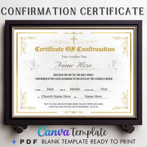 Certificado de Iglesia, Certificado Religioso de Oro. Certificado de Confirmación Editable, Plantilla Canva, Regalos para niña y niño Católico,