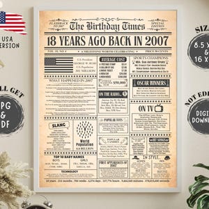18th Birthday Newspaper Sign, in the Year 2007 Birthday Gift for Men or Women, back in 2007 Newspaper Fun Facts, Birthday Decorations, USA.